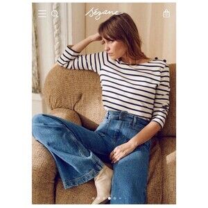 Sezane Colette Marinière Shirt Womens S Blue White Stripe Buttons Preppy Organic